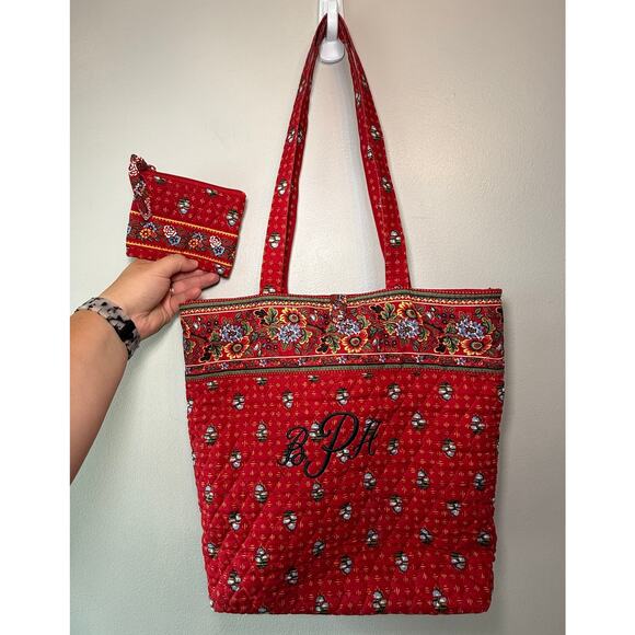 Vintage Vera Bradley Provincial Red Floral Print Quilted Tote Bag Purse & Pouch - Picture 1 of 11